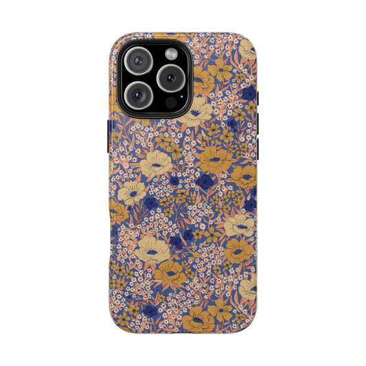 Wildflower Meadow Retro Vintage Floral Tough Phone Case Protection - Royal Blue, Personalizable