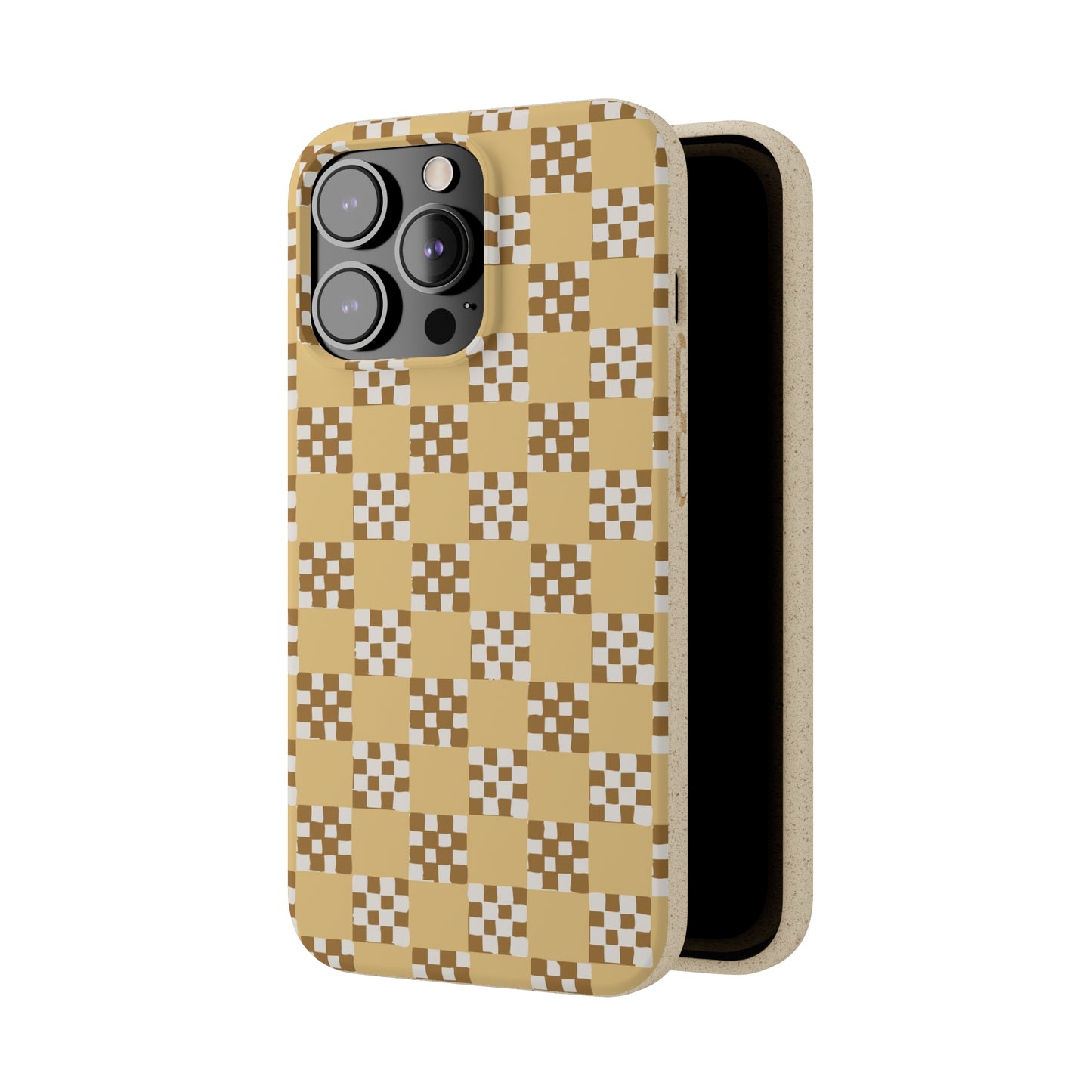 Checkered Quilt Biodegradable Phone Case, butter yellow, white and toffee