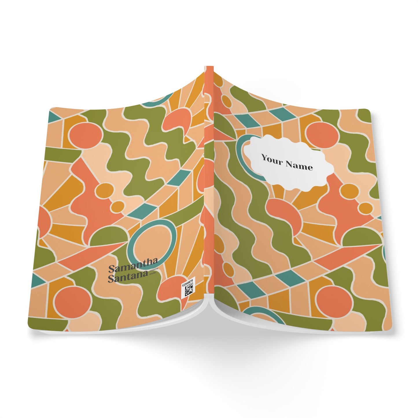 Day Trippin' Softcover Personalized Journal, olive green, peach, coral and blue (add your name)