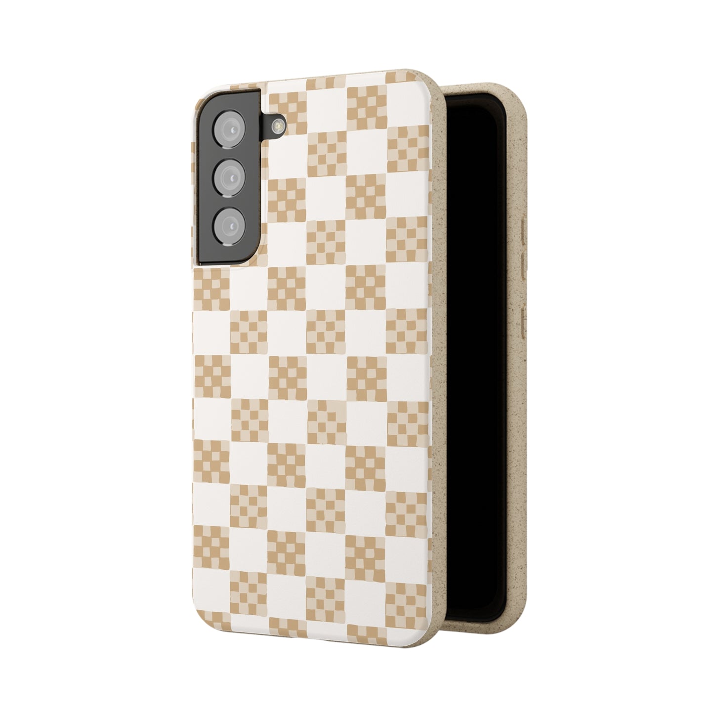 Checkered Quilt Biodegradable Phone Case, tan and white