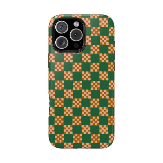 Checker Quilt Tough Phone Case — Retro Butter Green and Peach Pattern, Protective iPhone Cover, Personalizable