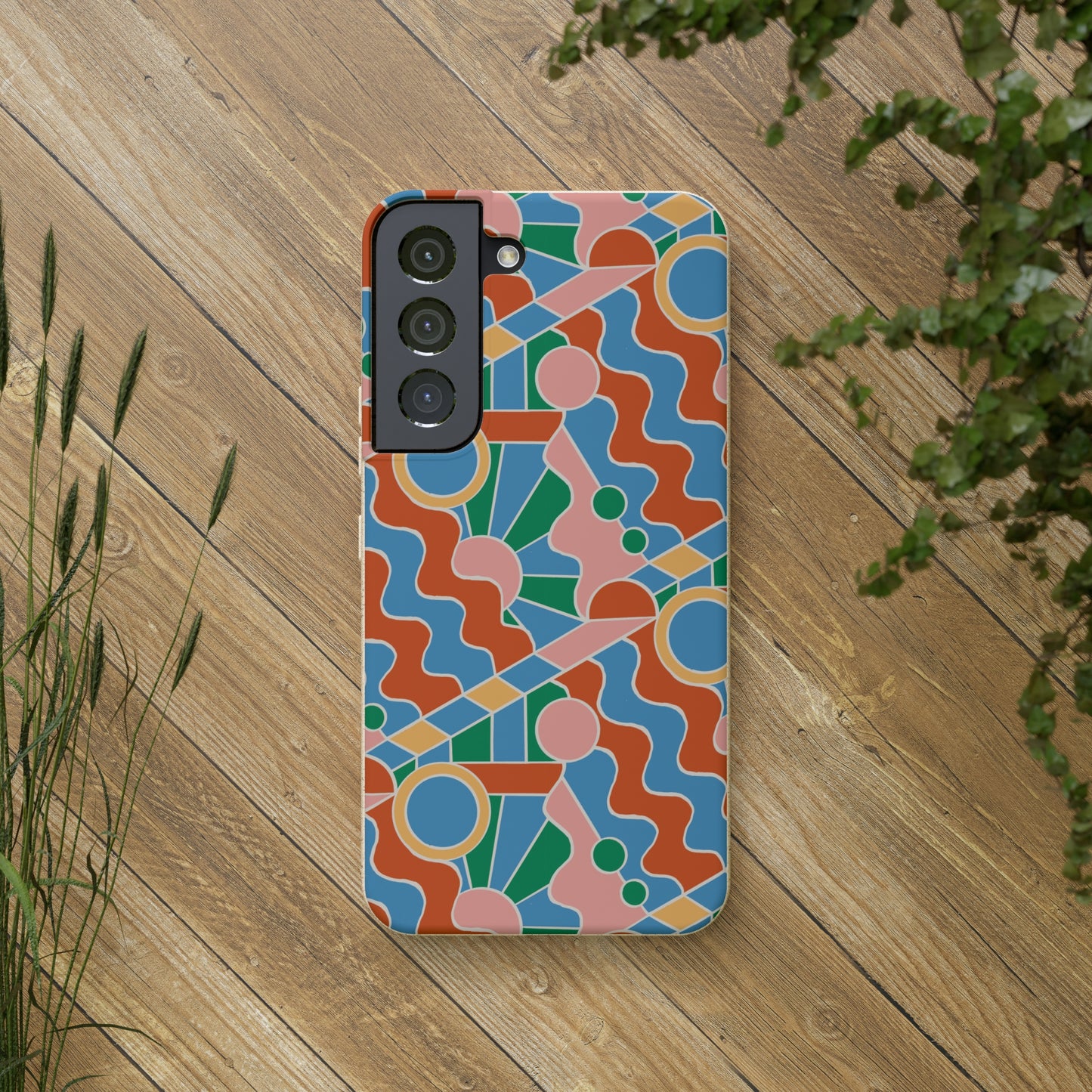 Day Trippin' Biodegradable Phone Case, blue, green, pink and brick red