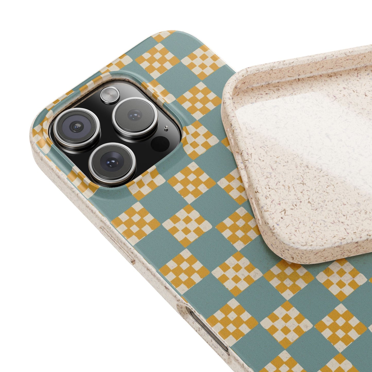 Checkered Quilt Phone Case - light blue, yellow and white - Eco-Friendly, Biodegradable