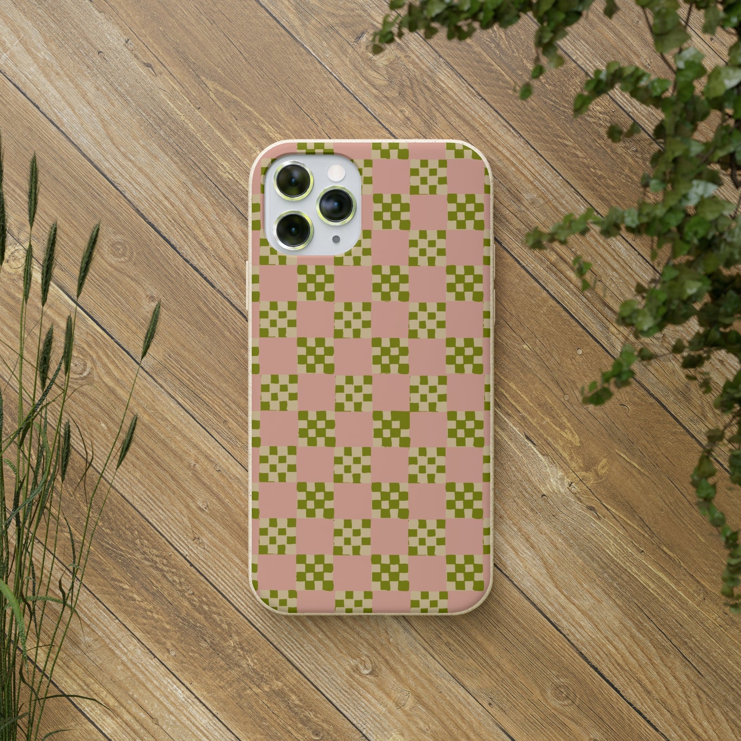 Checkered Quilt Biodegradable Phone Case, pink, olive green and light yellow