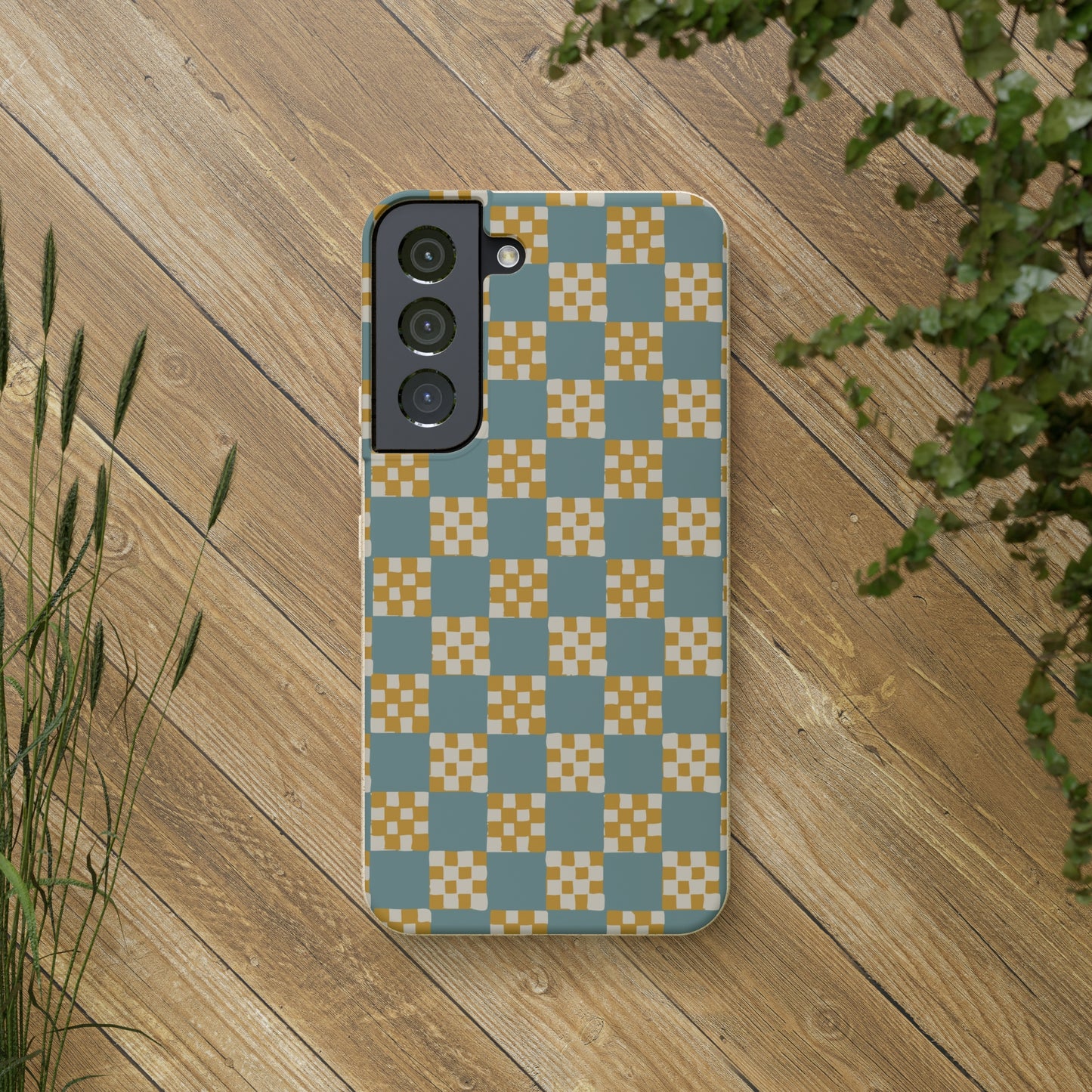 Checkered Quilt Biodegradable Phone Case, light blue and yellow