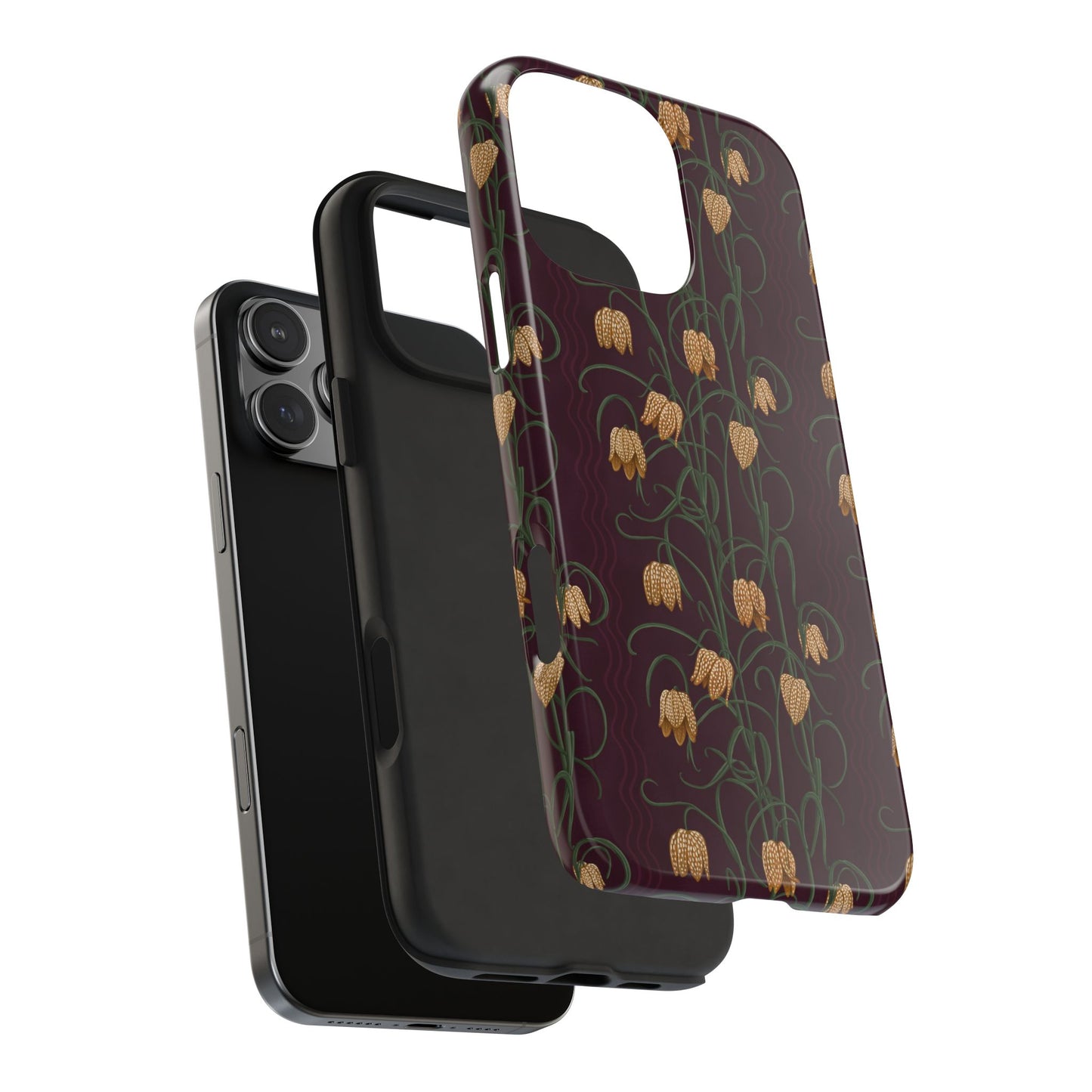 Campanas Floral Tough Phone Case — Eggplant and Toffee Wildflower Protective Cover, Personalizable