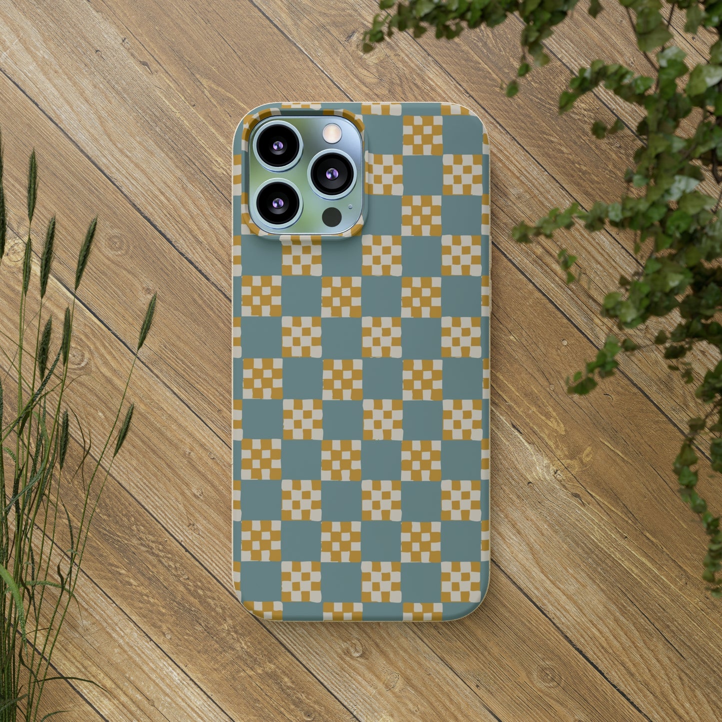 Checkered Quilt Biodegradable Phone Case, light blue and yellow