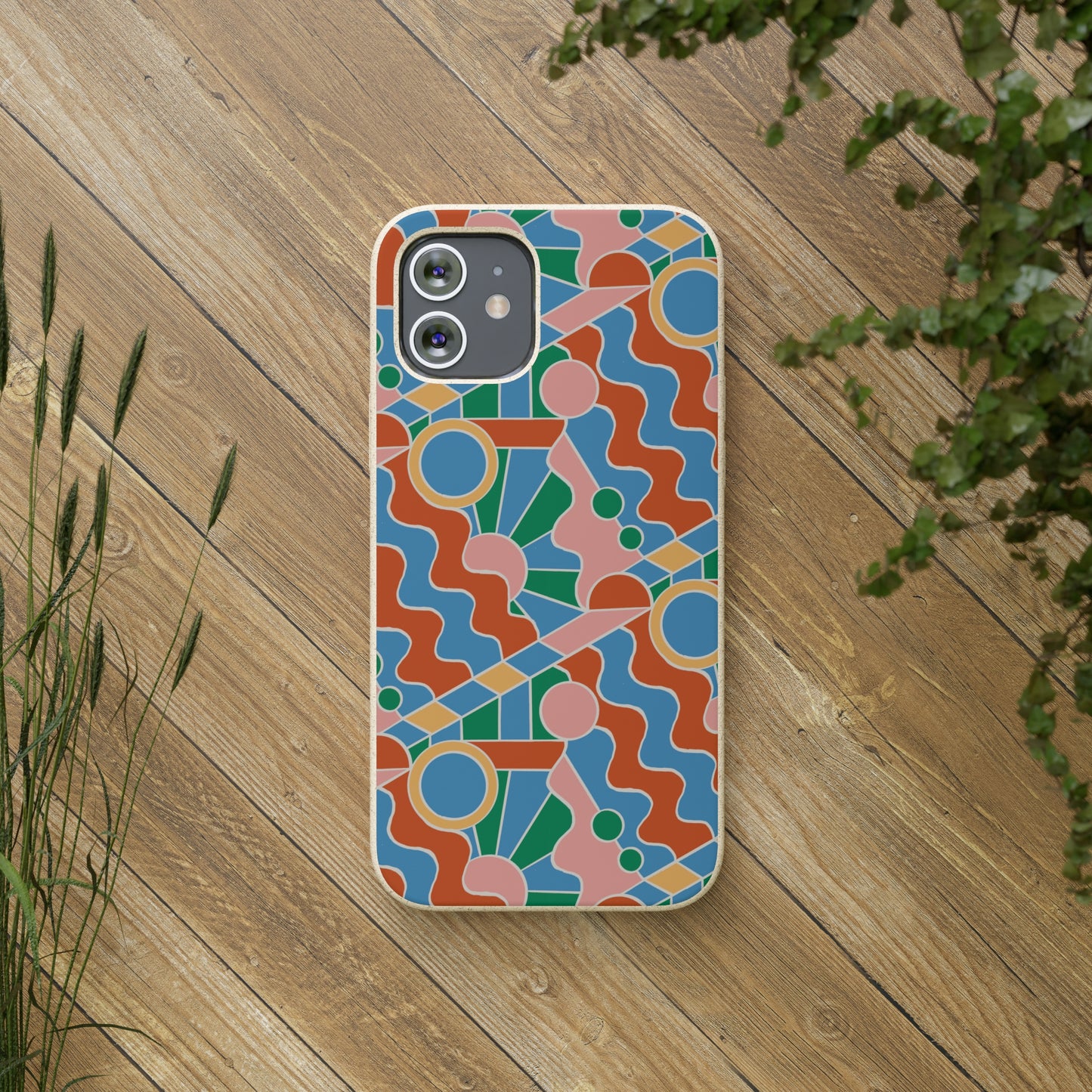 Day Trippin' Biodegradable Phone Case, blue, green, pink and brick red