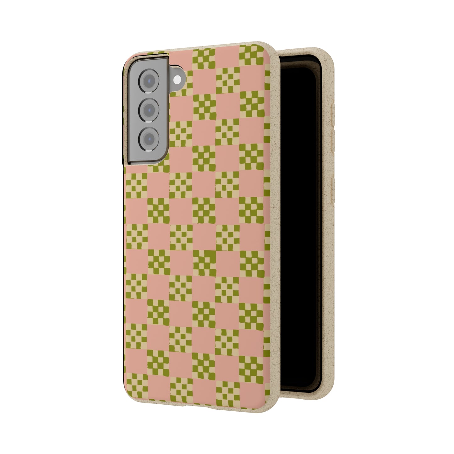 Checkered Quilt Biodegradable Phone Case, pink, olive green and light yellow