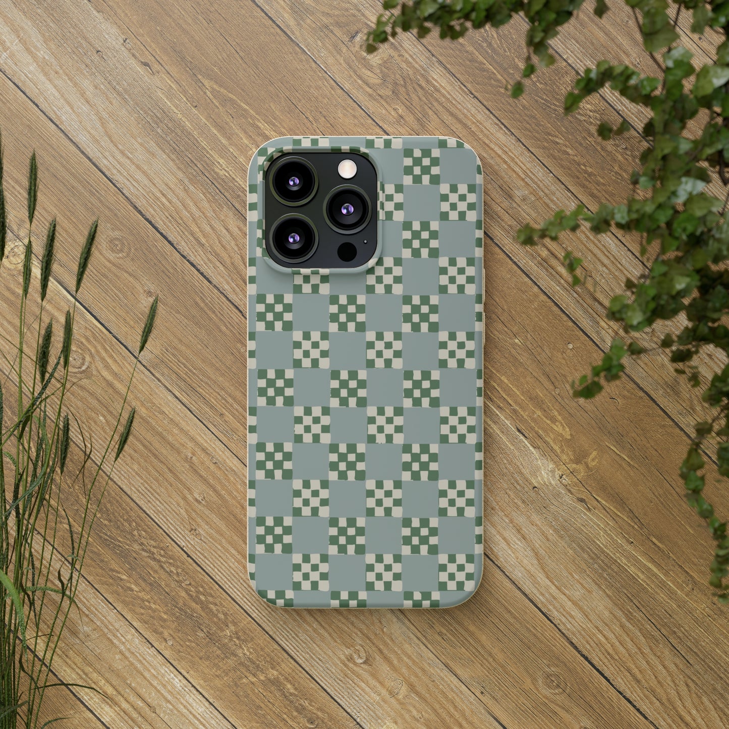 Checkered Quilt Biodegradable Phone Case, mint and green