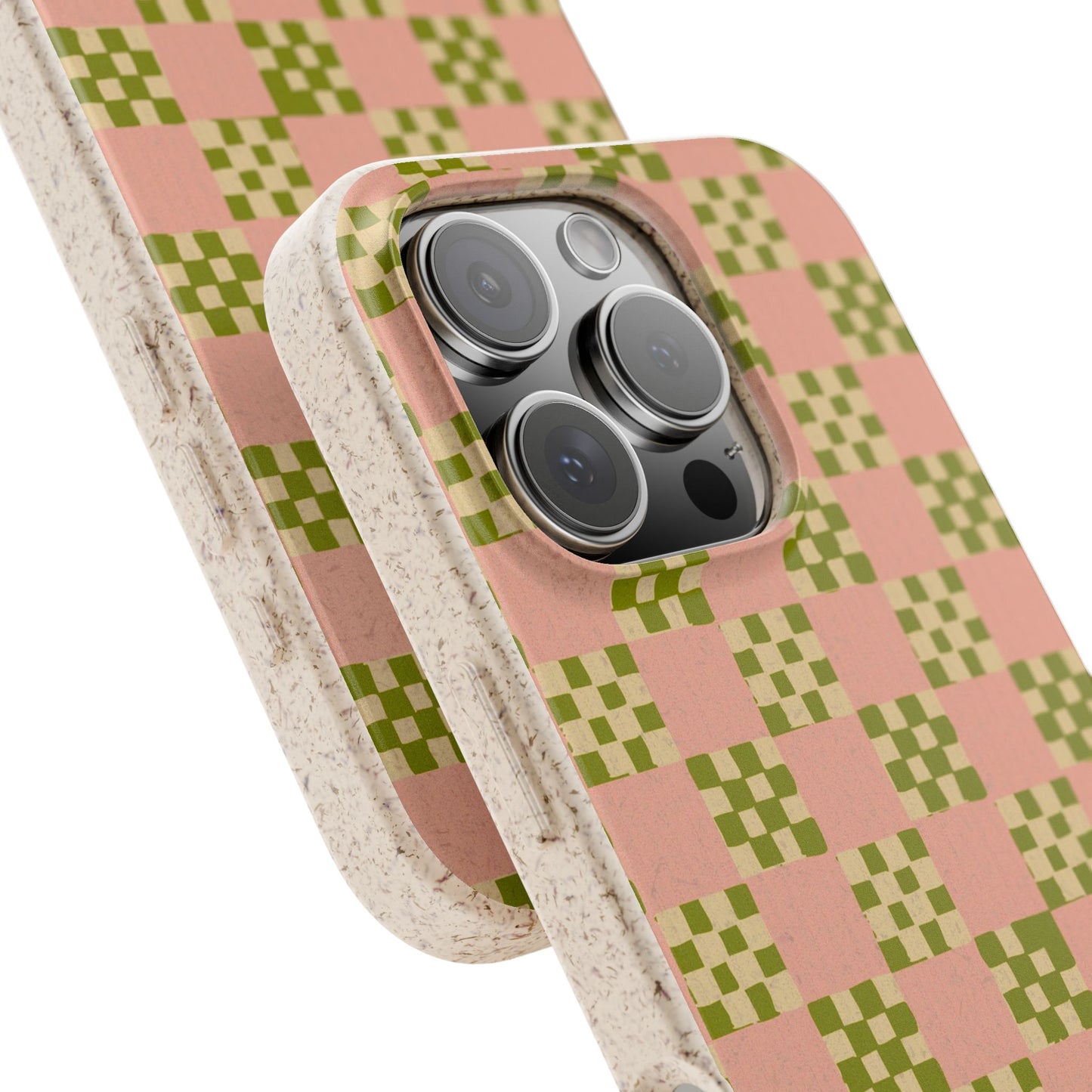 Checkered Quilt Phone Case - pink, olive green and light beige - Eco-Friendly, Biodegradable
