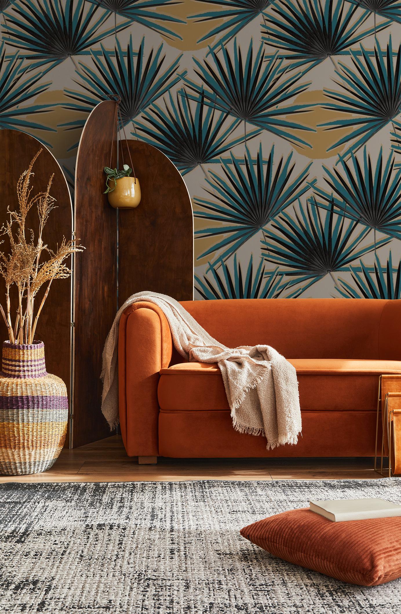 Palm Deco Wallpaper, blue & orange