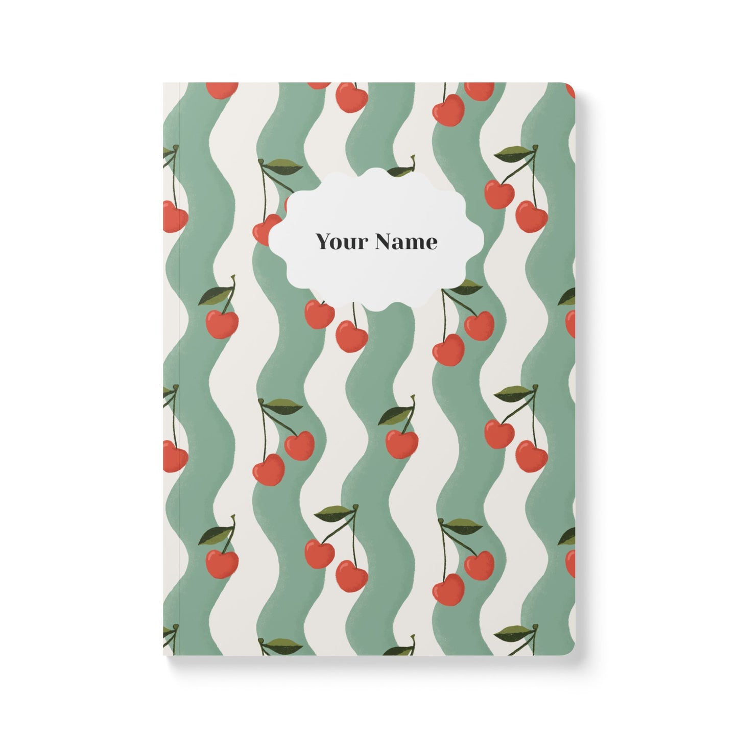 Wavy Cherry Softcover Personalized Journal, teal & white (add your name)