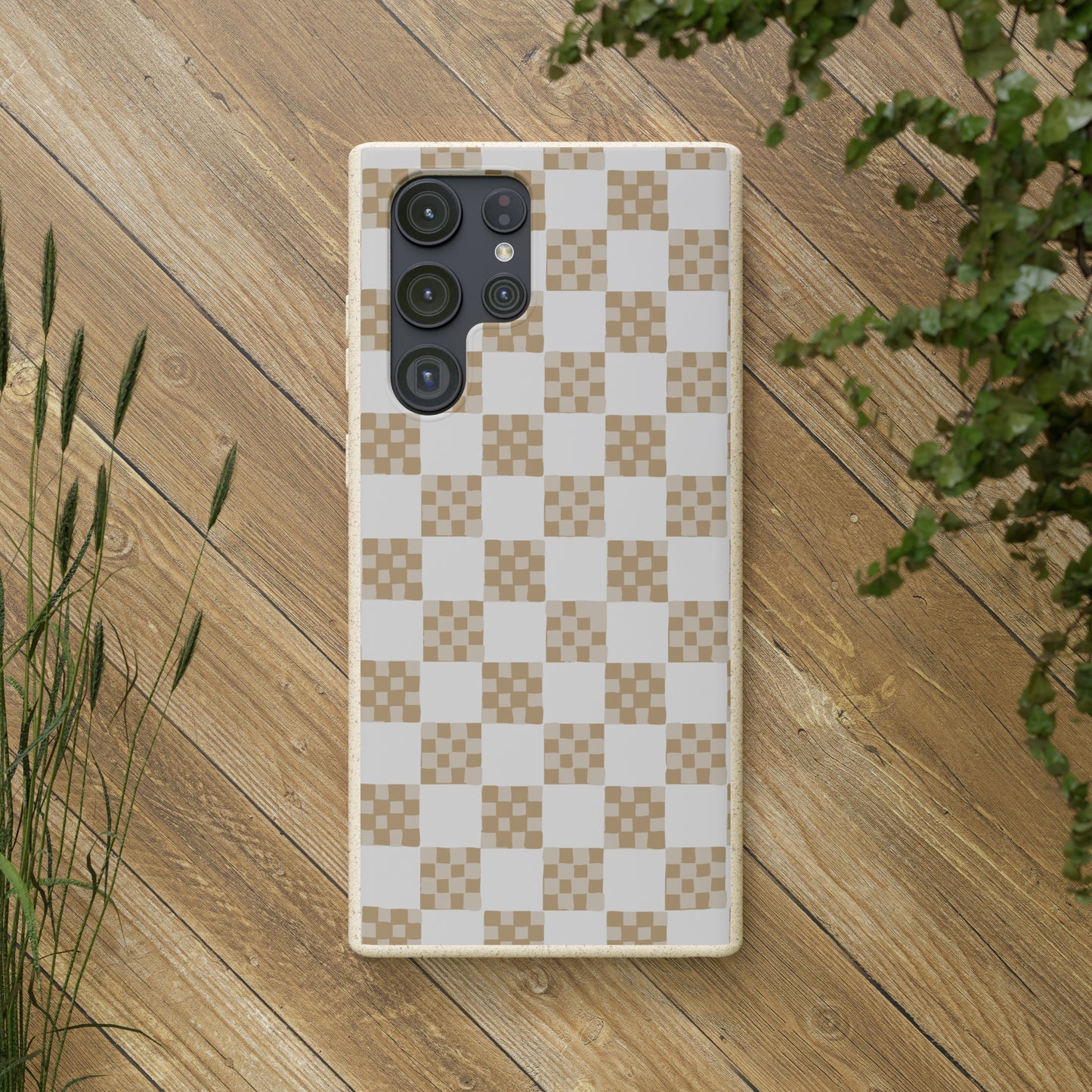 Checkered Quilt Biodegradable Phone Case, tan and white