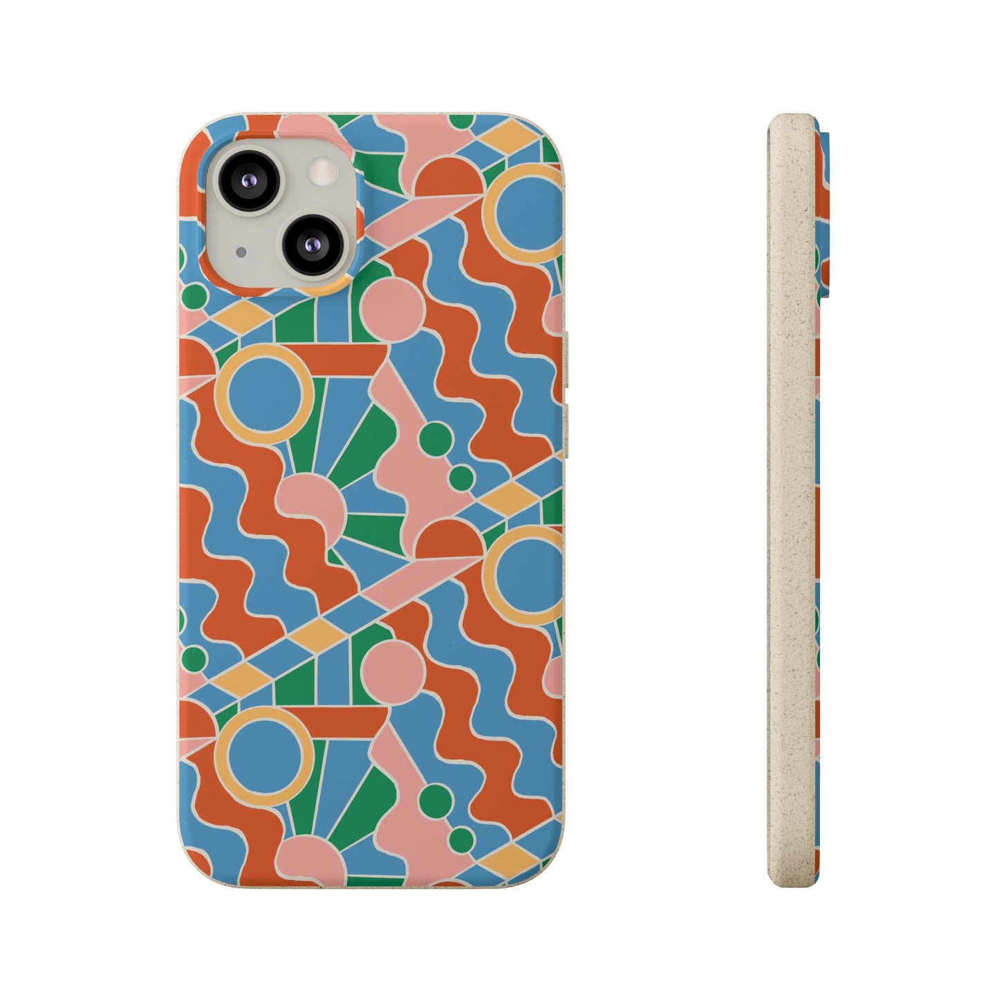 Day Trippin' Biodegradable Phone Case, blue, green, pink and brick red