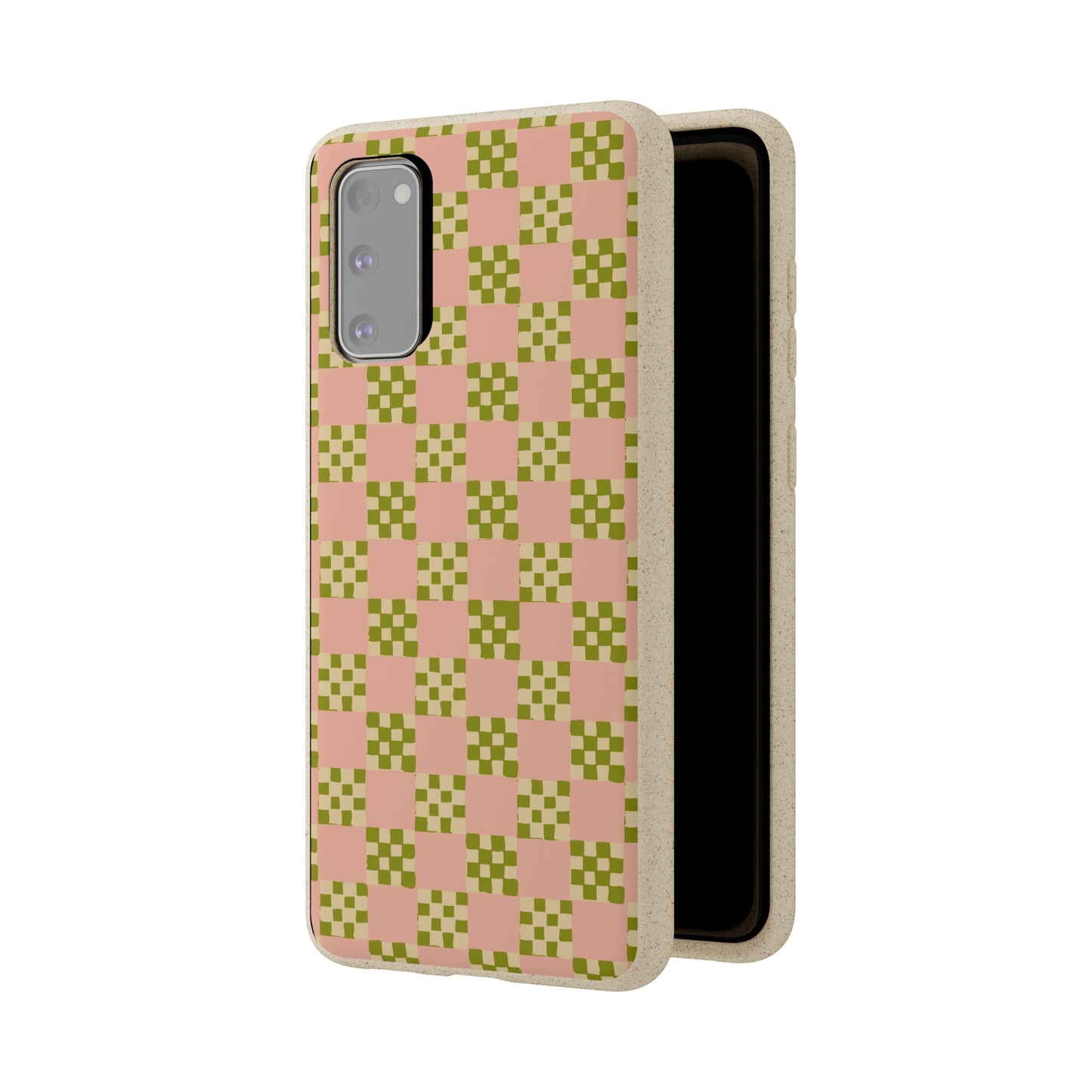 Checkered Quilt Biodegradable Phone Case, pink, olive green and light yellow