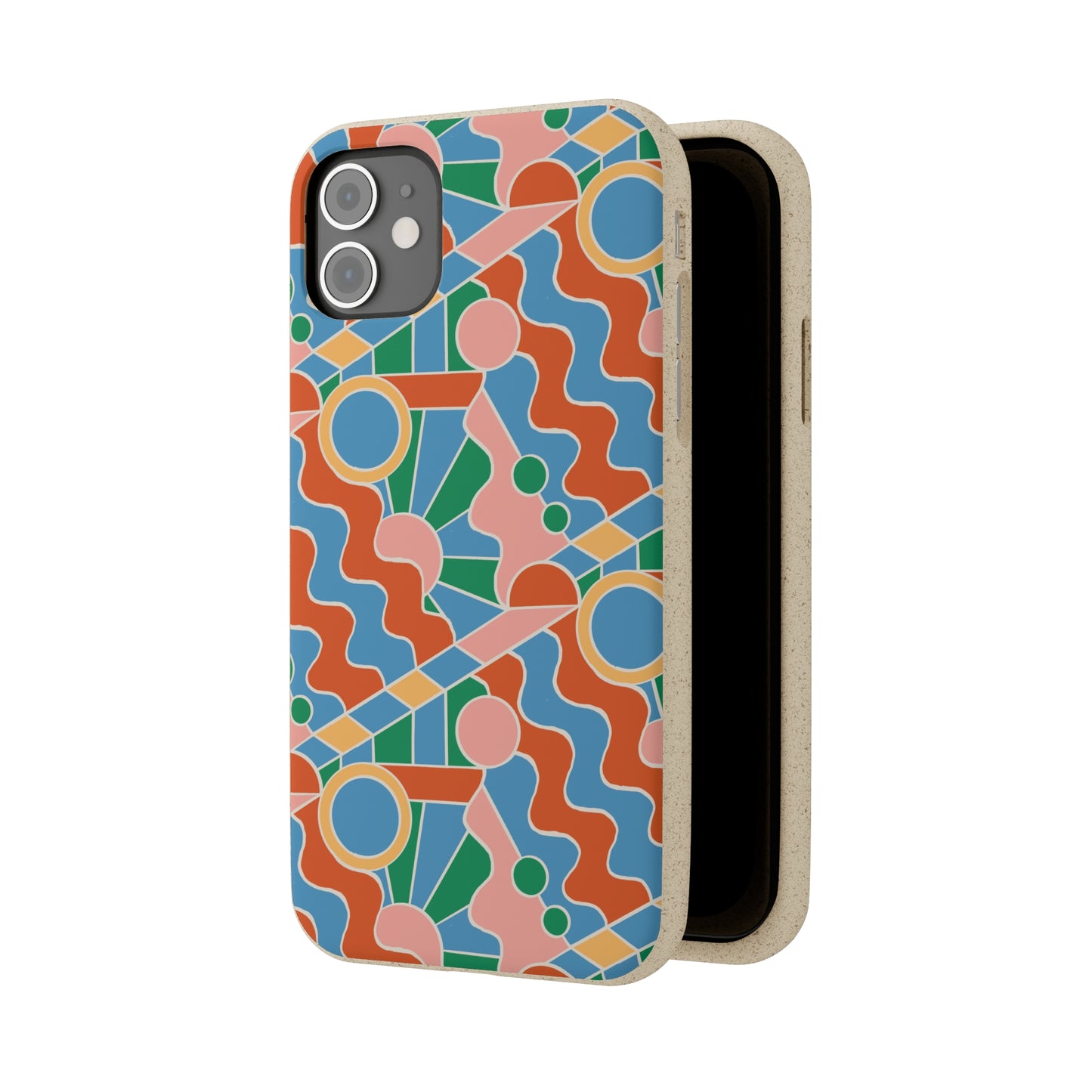 Day Trippin' Biodegradable Phone Case, blue, green, pink and brick red