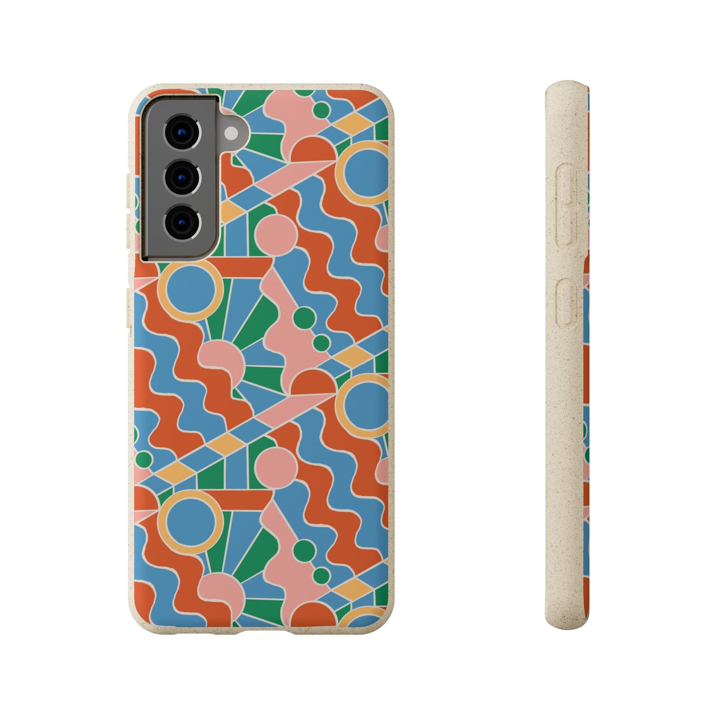 Day Trippin' Biodegradable Phone Case, blue, green, pink and brick red