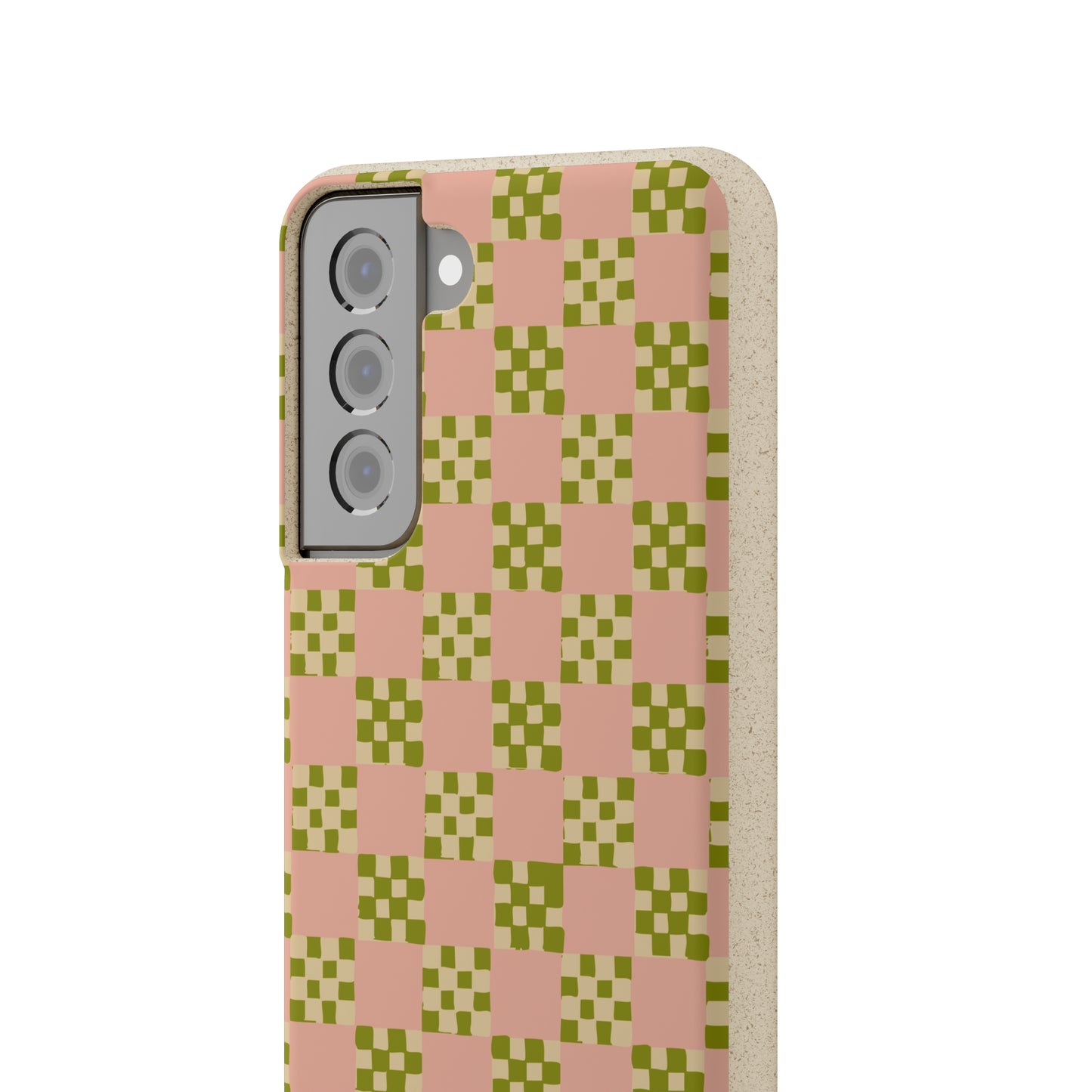 Checkered Quilt Biodegradable Phone Case, pink, olive green and light yellow