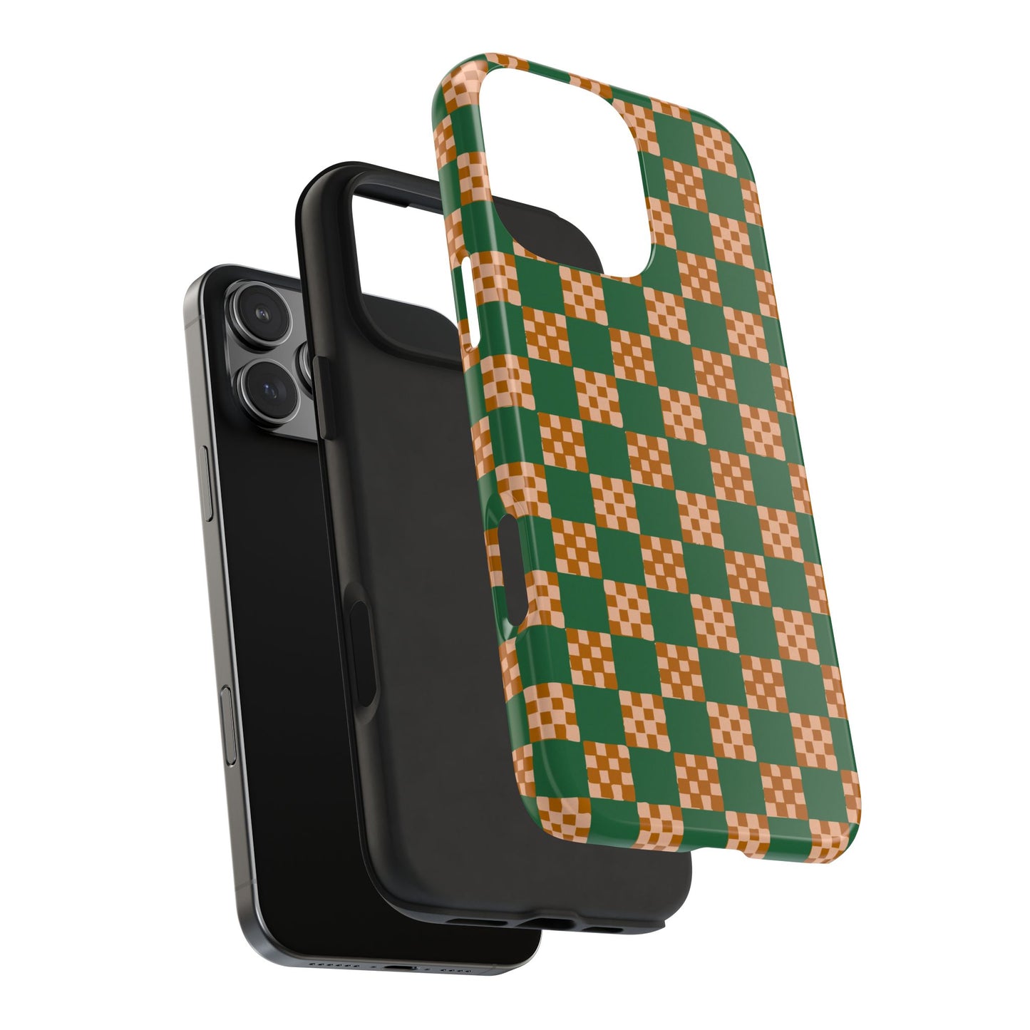 Checker Quilt Tough Phone Case — Retro Butter Green and Peach Pattern, Protective iPhone Cover, Personalizable