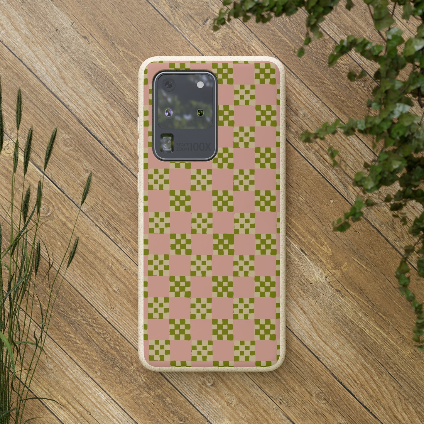 Checkered Quilt Biodegradable Phone Case, pink, olive green and light yellow