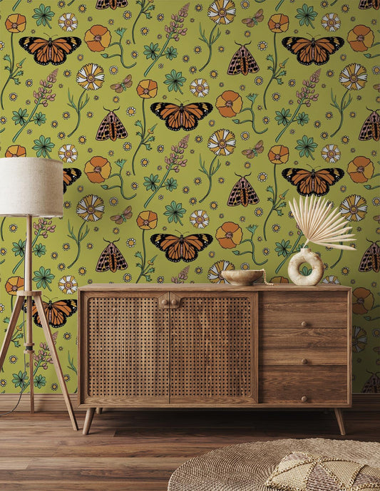 Poppy Please Wallpaper, chartreuse & black