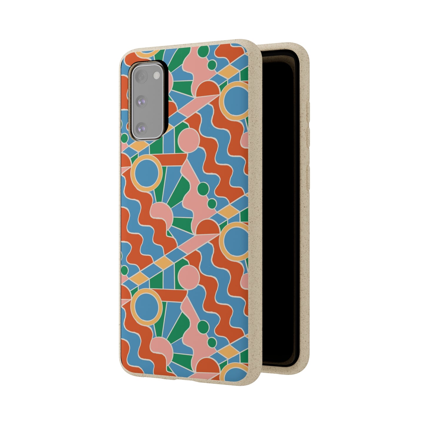 Day Trippin' Biodegradable Phone Case, blue, green, pink and brick red