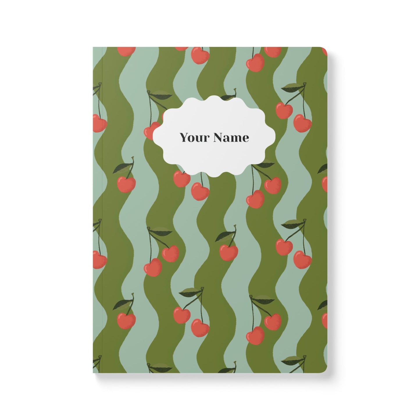 Wavy Cherry Softcover Personalized Journal, teal & olive green (add your name)