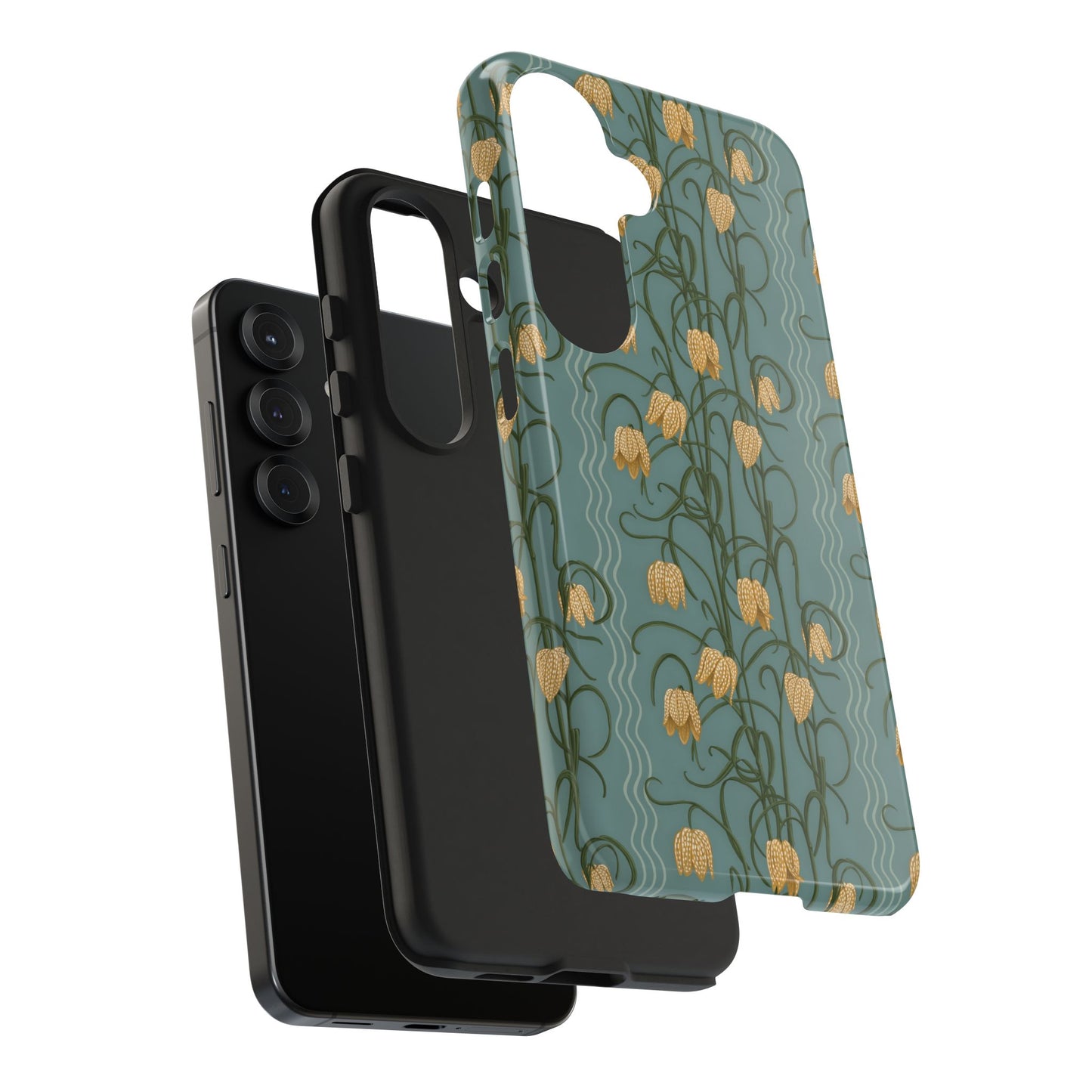 Campanas Floral Tough Phone Case — Dusty Blue and Marigold Wildflower Protective Cover, Personalizable