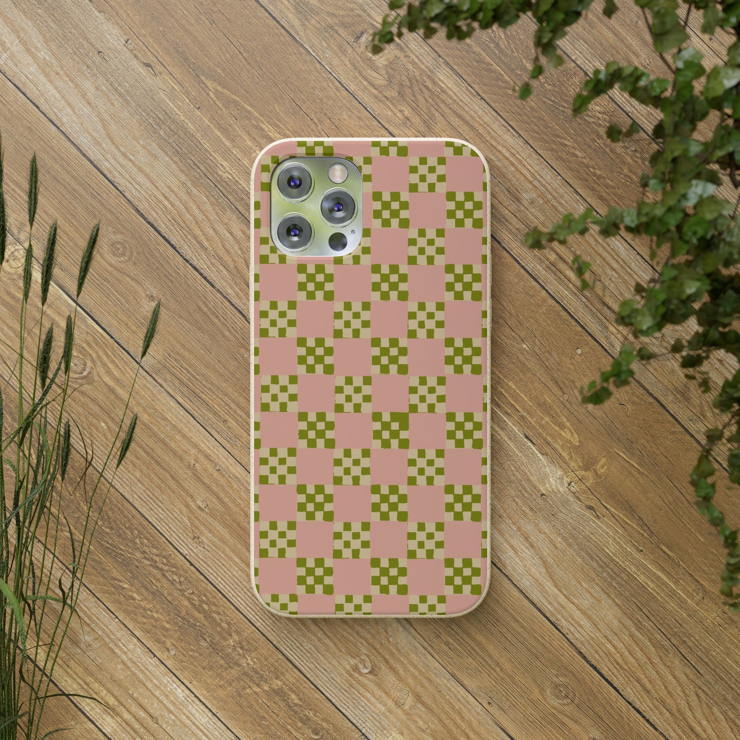 Checkered Quilt Biodegradable Phone Case, pink, olive green and light yellow