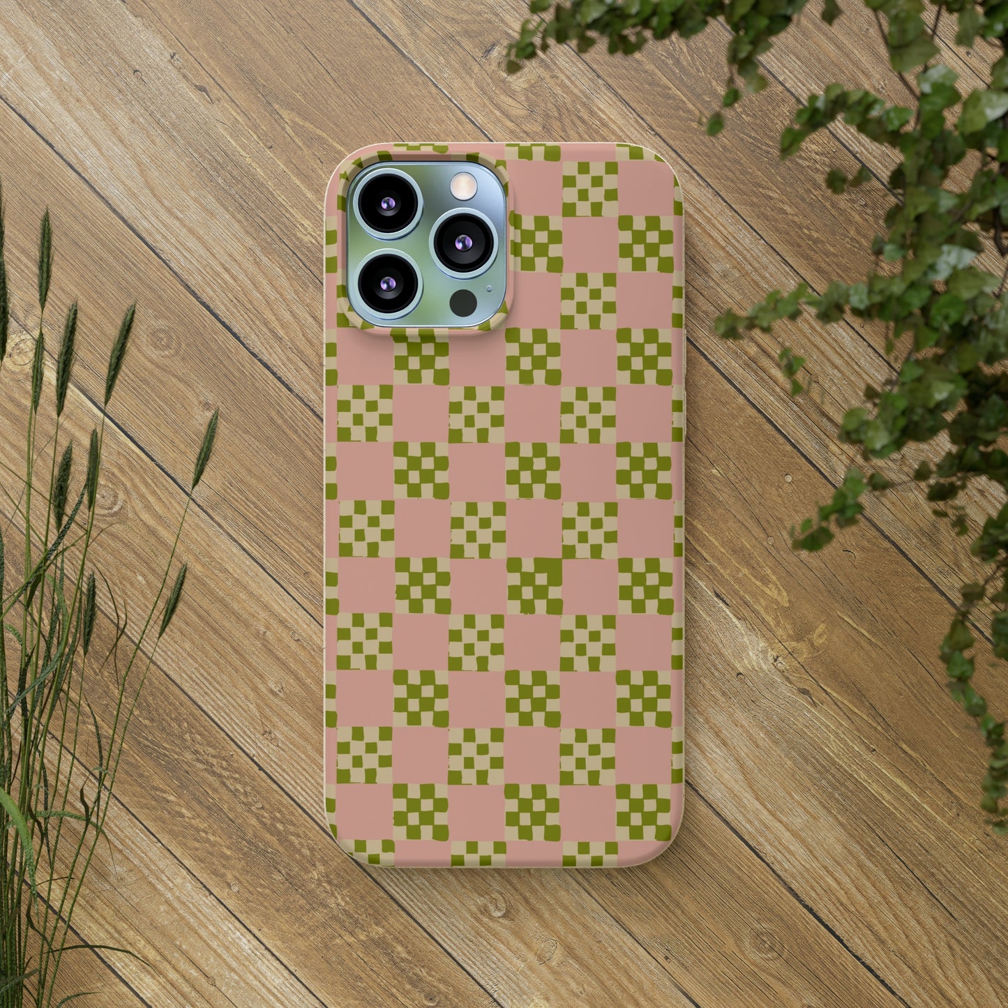 Checkered Quilt Biodegradable Phone Case, pink, olive green and light yellow