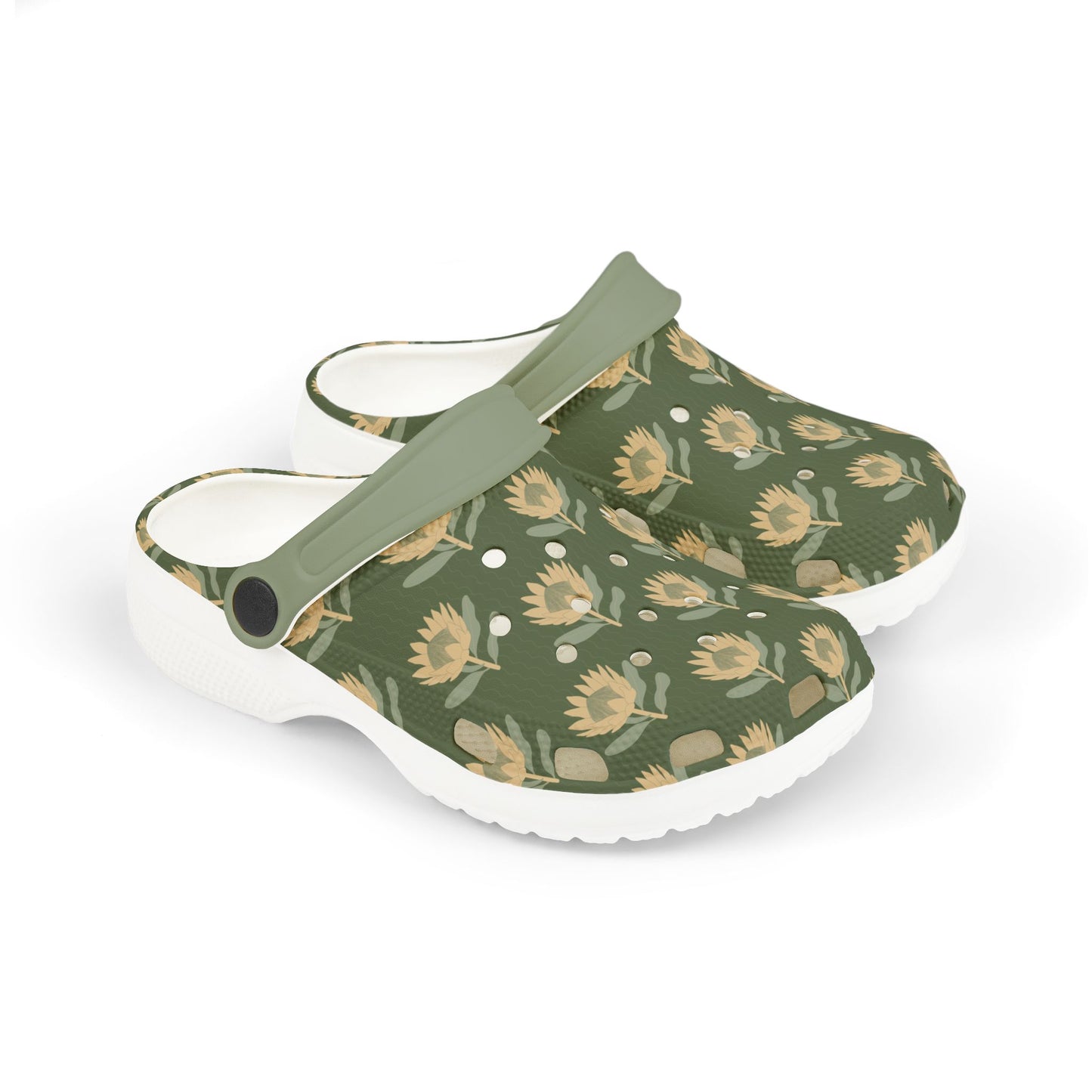 King Protea Floral Kid's EVA Foam Clogs — Forest Green and Butter Yellow All-Over Print Slip-on Shoes