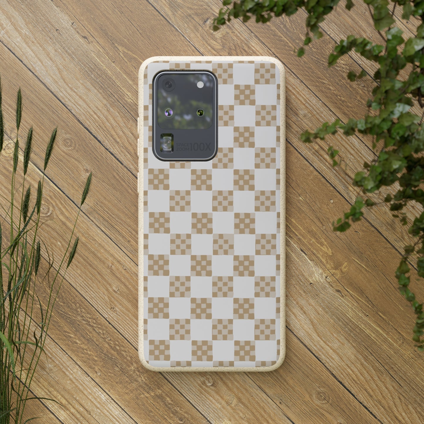 Checkered Quilt Biodegradable Phone Case, tan and white