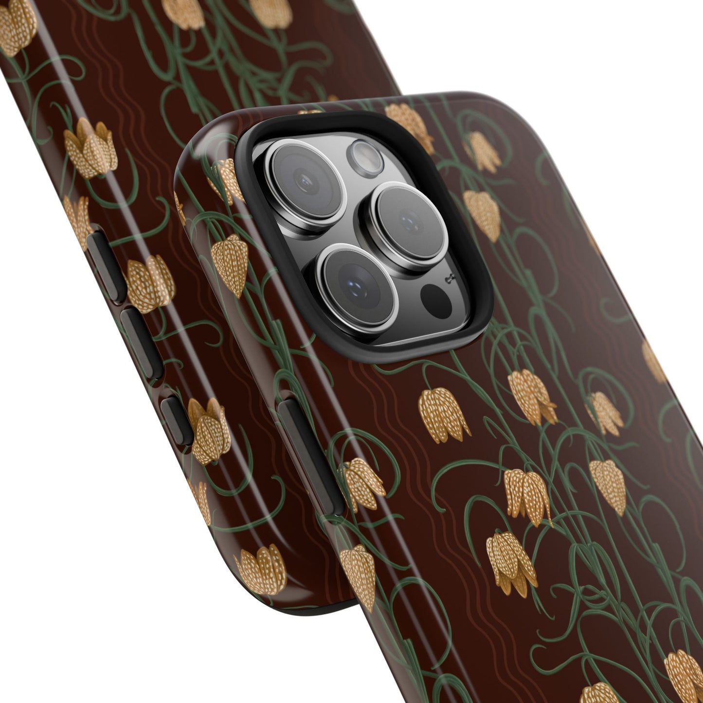 Campanas Floral Tough Phone Case — Chocolate and Goldenrod Wildflower Protective Cover, Personalizable