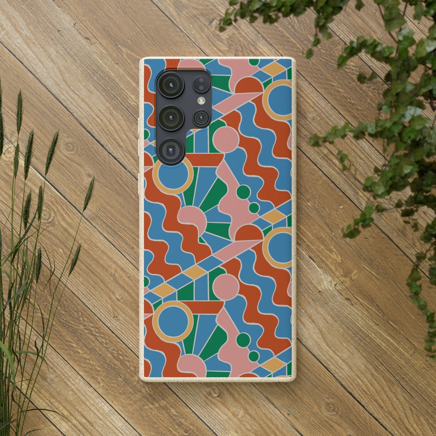 Day Trippin' Biodegradable Phone Case, blue, green, pink and brick red