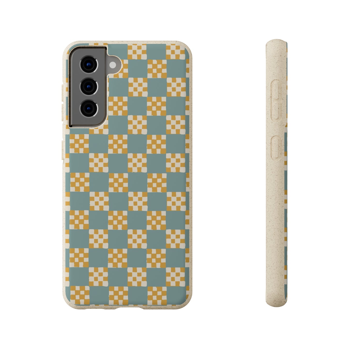 Checkered Quilt Biodegradable Phone Case, light blue and yellow