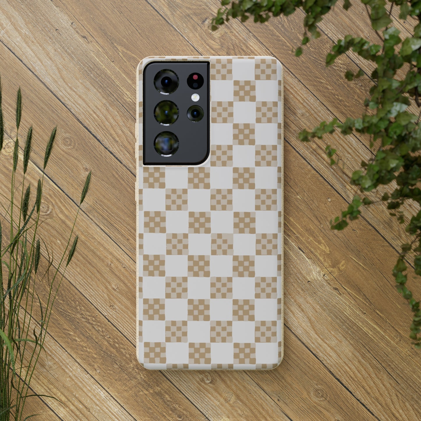 Checkered Quilt Biodegradable Phone Case, tan and white