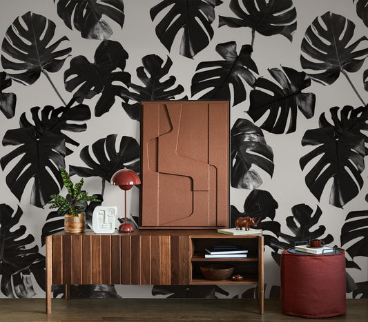 Monstera Leaf Wallpaper, black & off-white