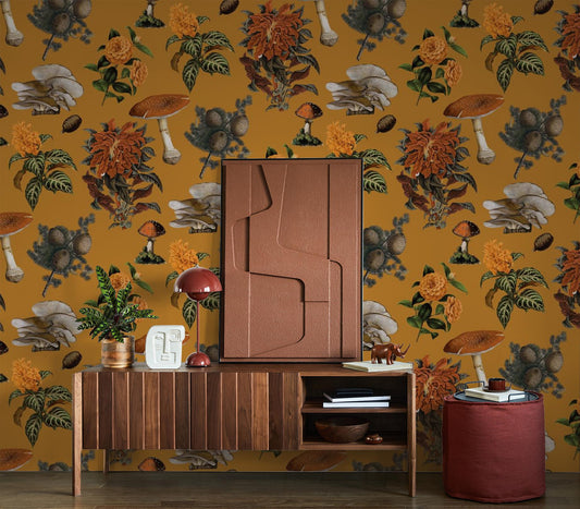 Shrooms Wallpaper, gold & marigold