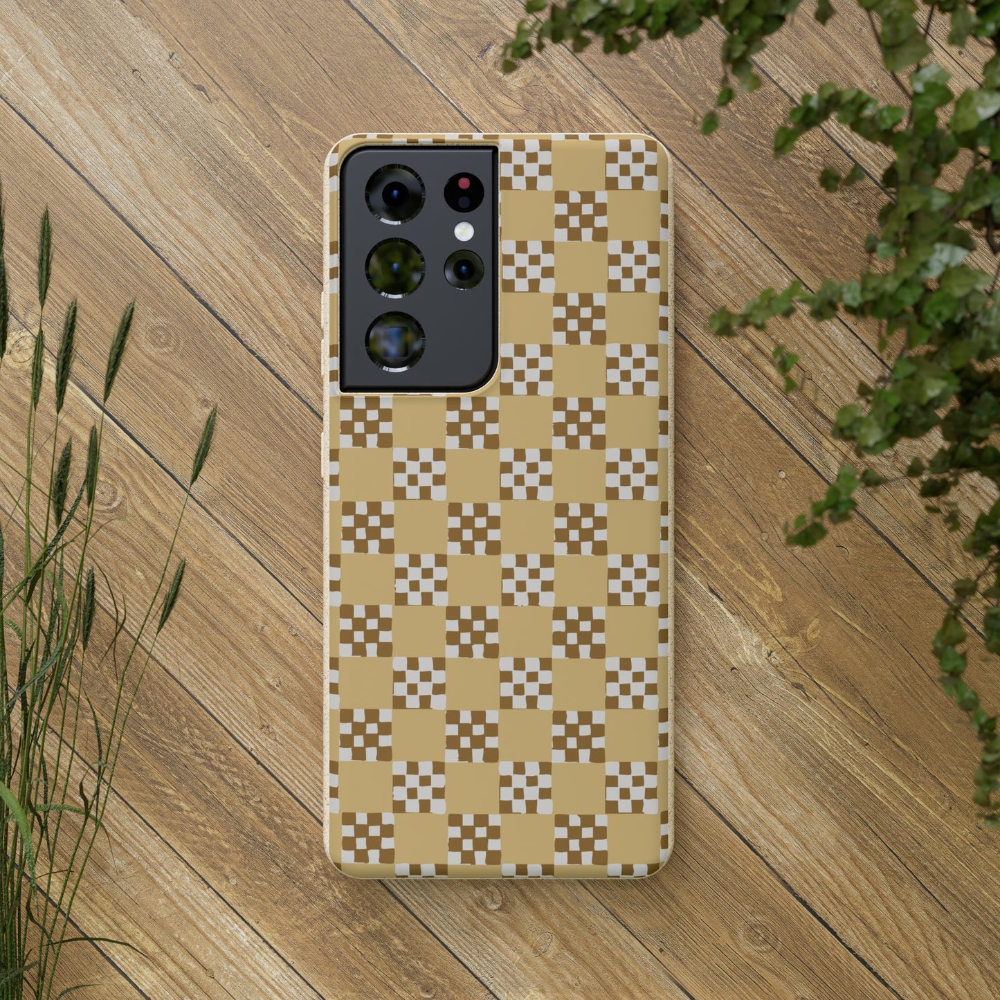 Checkered Quilt Biodegradable Phone Case, butter yellow, white and toffee