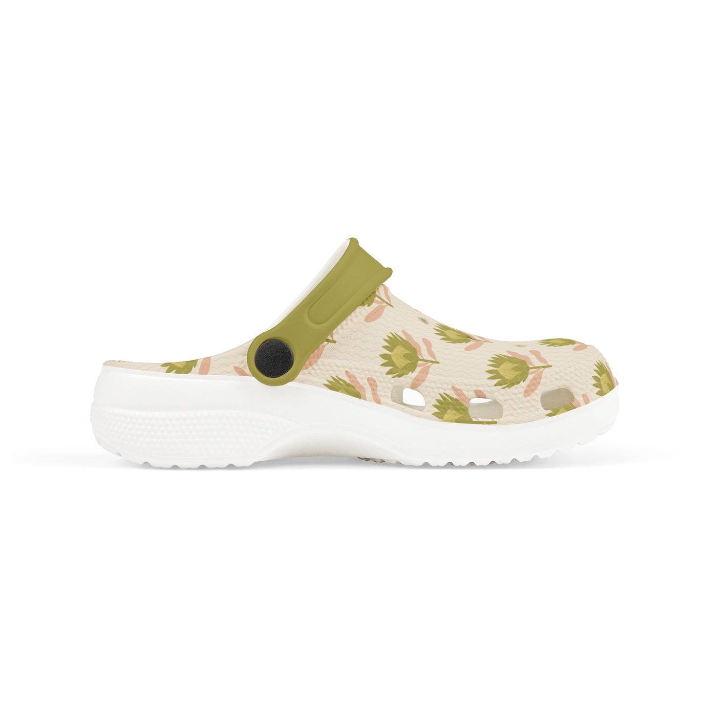 King Protea Floral Kid's EVA Foam Clogs — Tan and Olive All-Over Print Slip-on Shoes