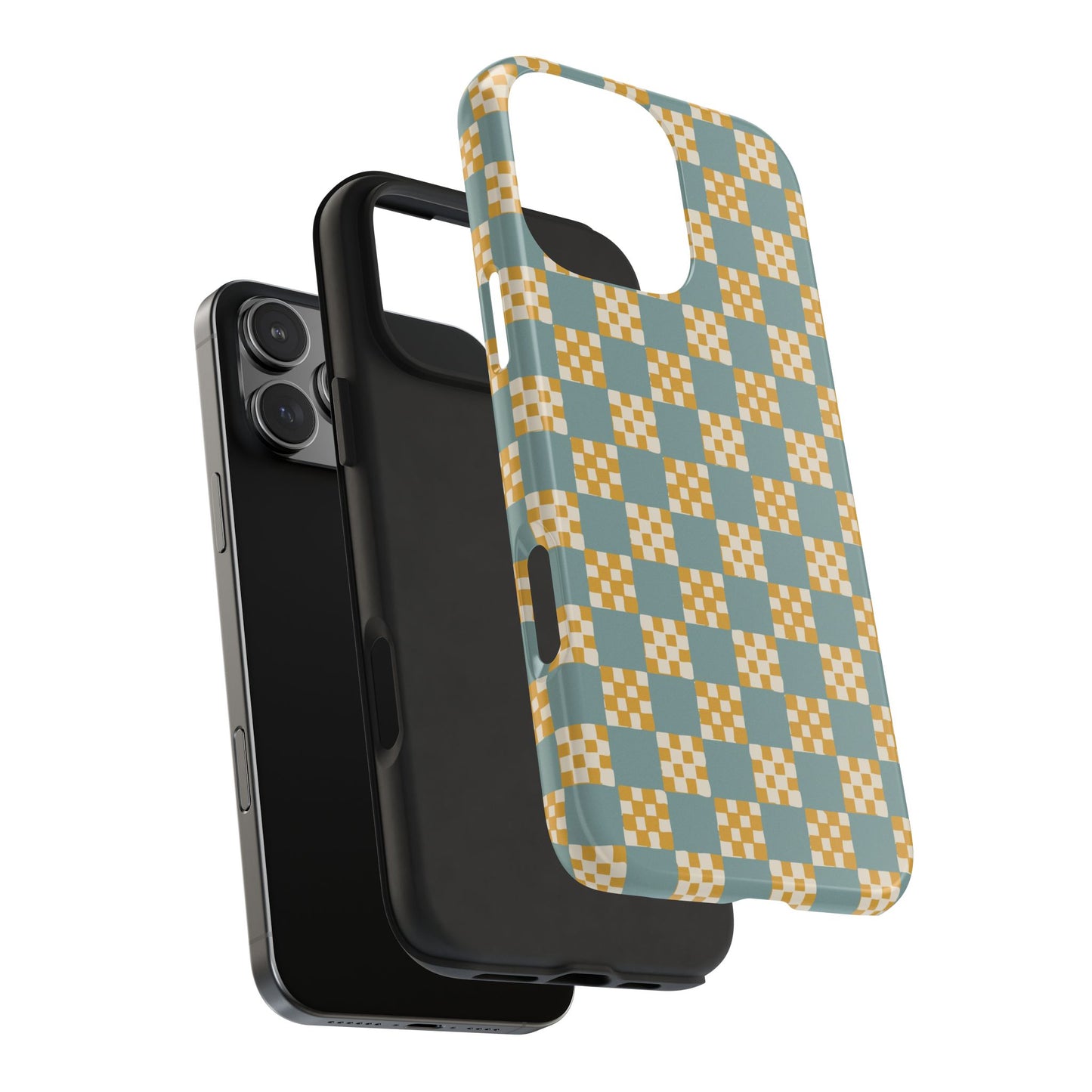 Checker Quilt Tough Phone Case — Retro Light Blue and Yellow Pattern, Protective iPhone Cover, Personalizable