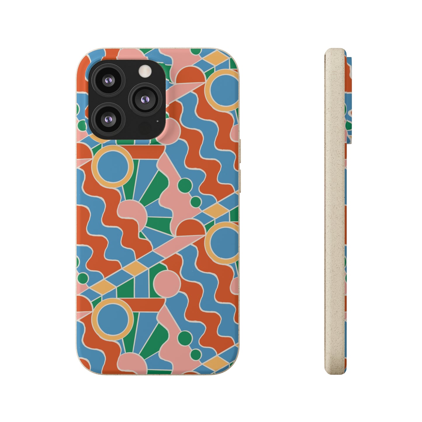 Day Trippin' Biodegradable Phone Case, blue, green, pink and brick red