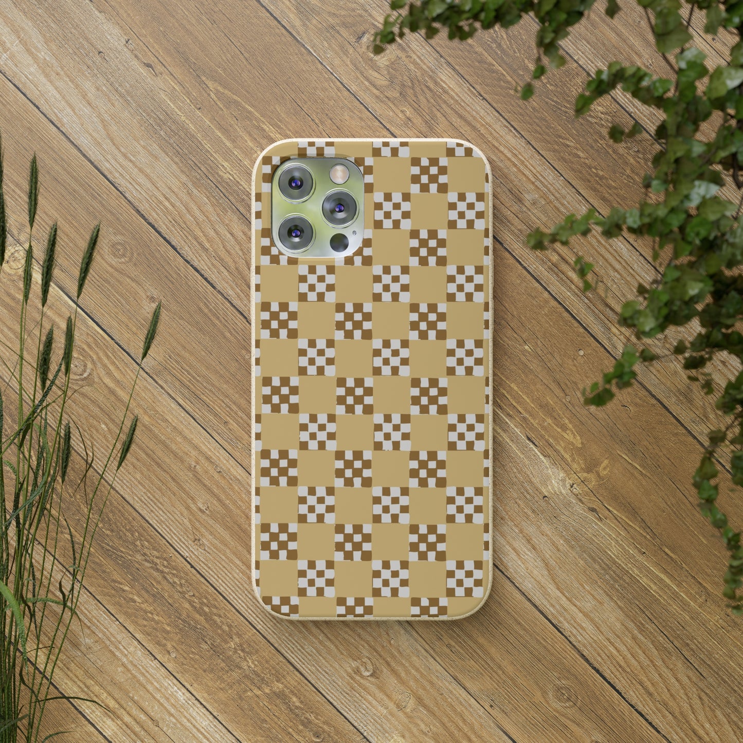 Checkered Quilt Biodegradable Phone Case, butter yellow, white and toffee