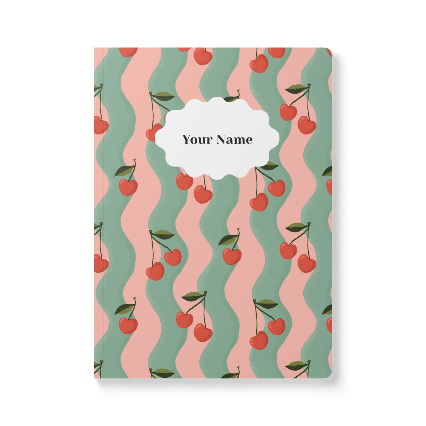 Wavy Cherry Softcover Personalized Journal, pink & teal (add your name)