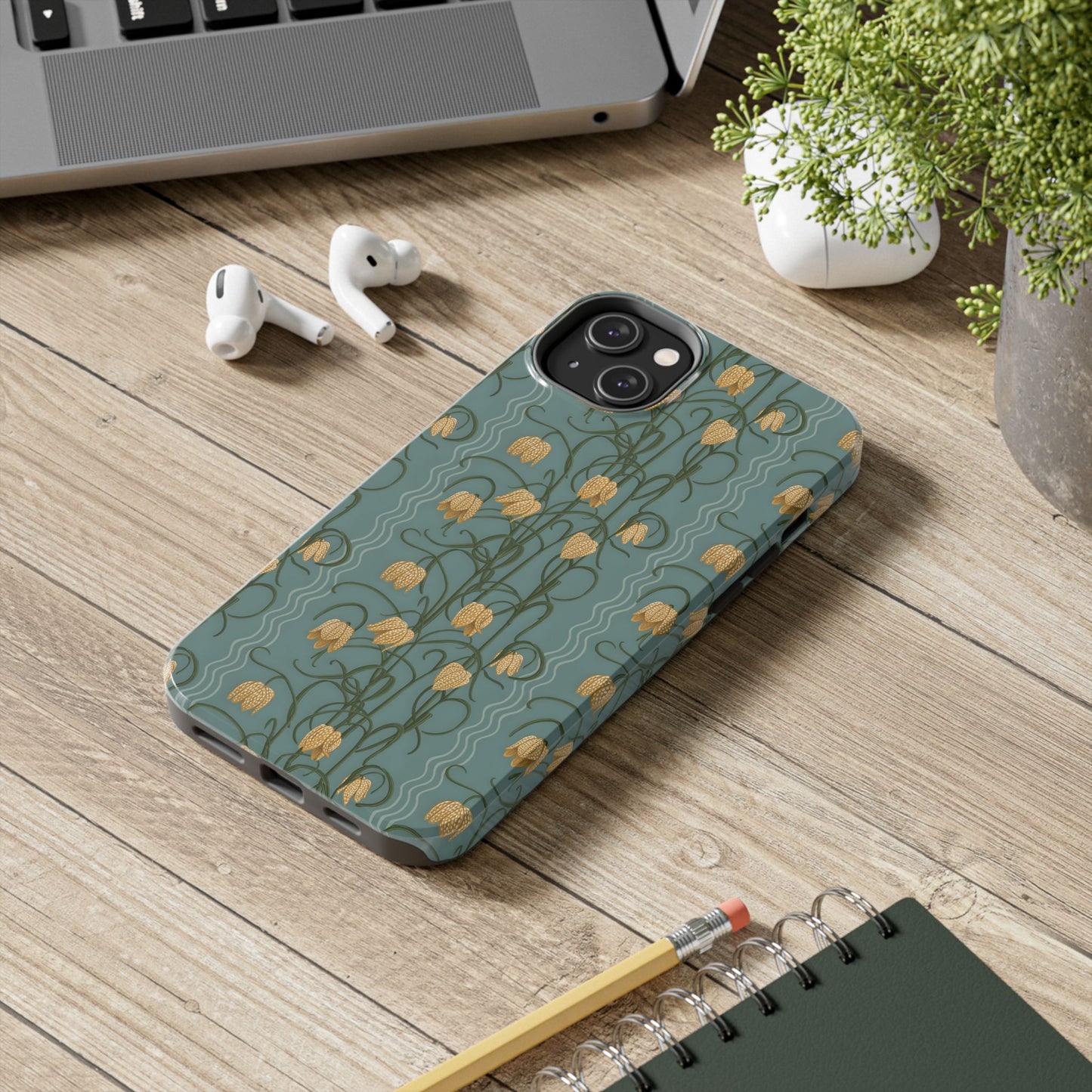 Campanas Floral Tough Phone Case — Dusty Blue and Marigold Wildflower Protective Cover, Personalizable