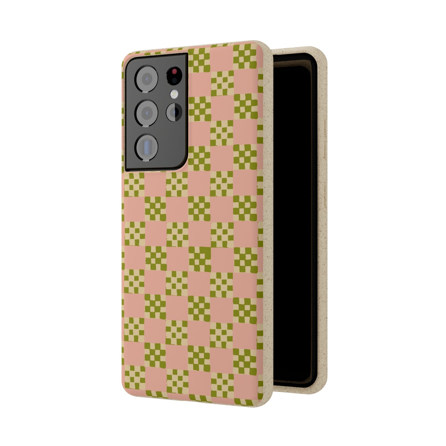 Checkered Quilt Biodegradable Phone Case, pink, olive green and light yellow