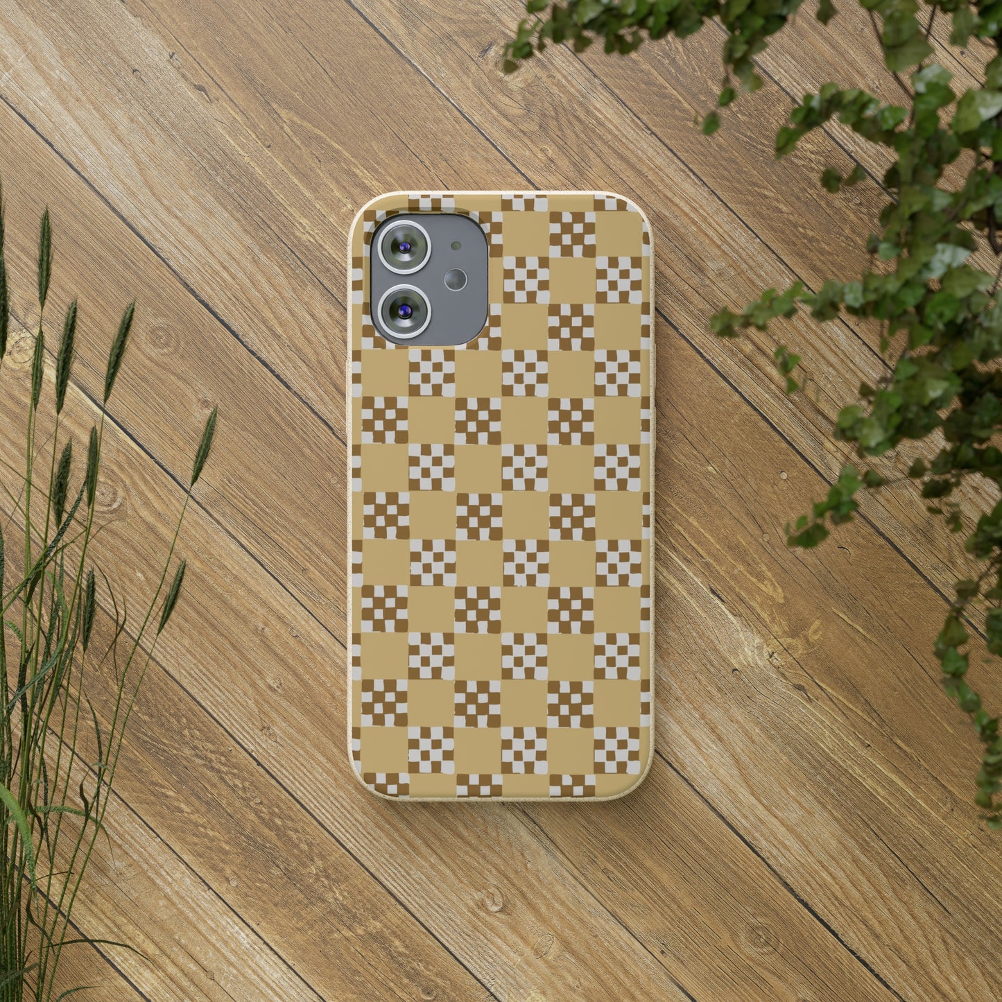 Checkered Quilt Biodegradable Phone Case, butter yellow, white and toffee