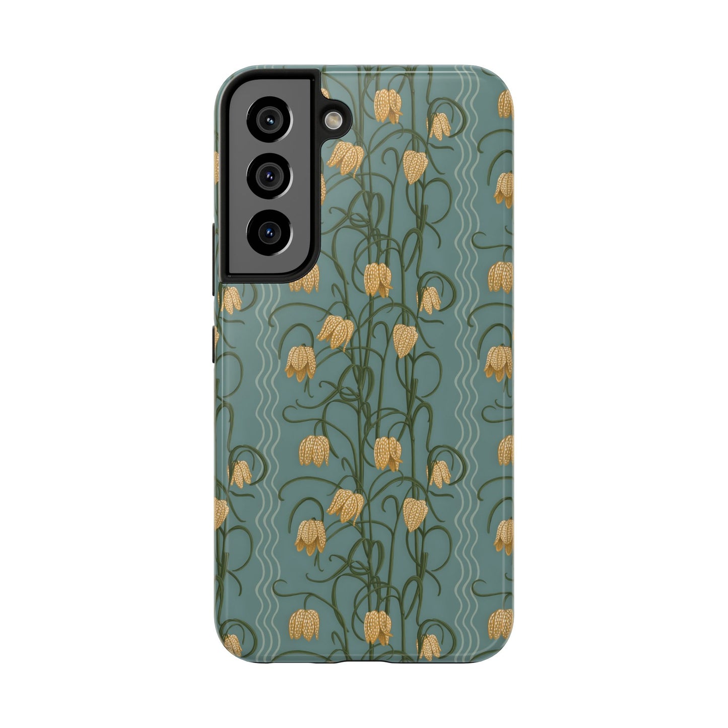 Campanas Floral Tough Phone Case — Dusty Blue and Marigold Wildflower Protective Cover, Personalizable
