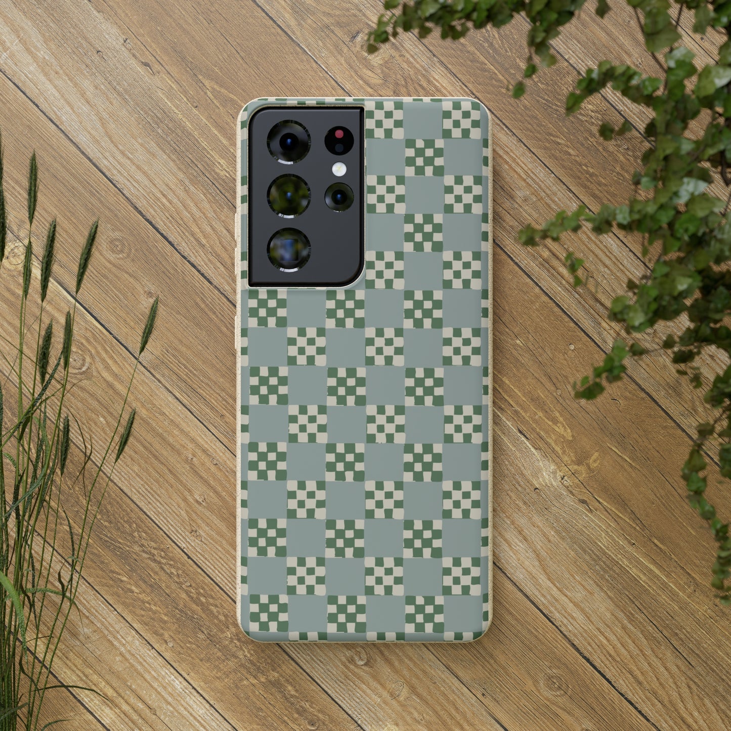 Checkered Quilt Biodegradable Phone Case, mint and green